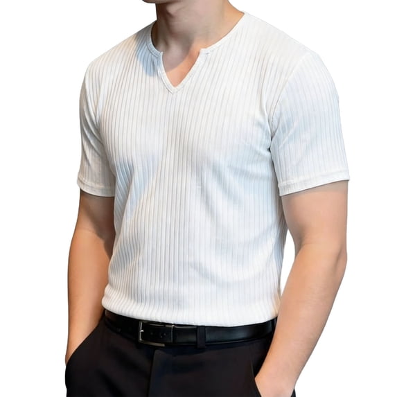 SCSAlgin Men's Ribbed Knit Notched V Neck Tees Casual Short Sleeve T Shirt Summer Basic Tops