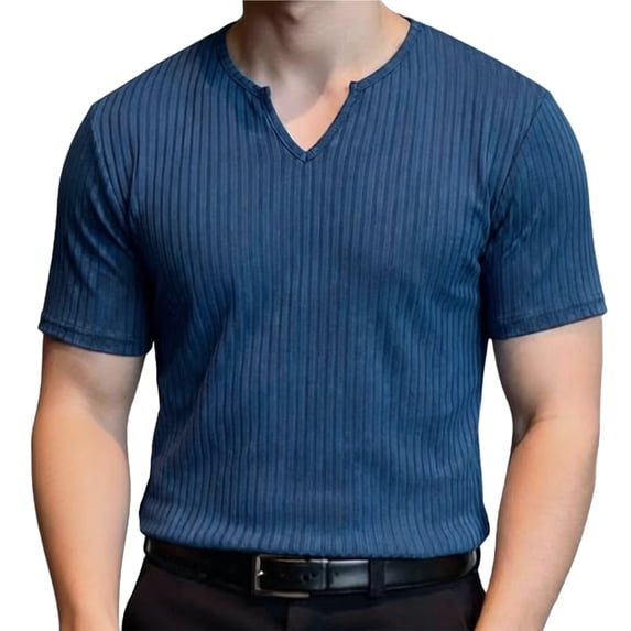 SCSAlgin Men's Ribbed Knit Notched V Neck Tees Casual Short Sleeve T Shirt Summer Basic Tops