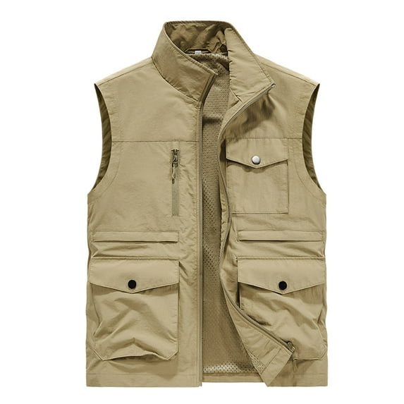 SCSAlgin Men's Sleeveless Stand Collar Pokects Full Zipper Outdoor Solid Color Vest Jackets for Travel Fishing