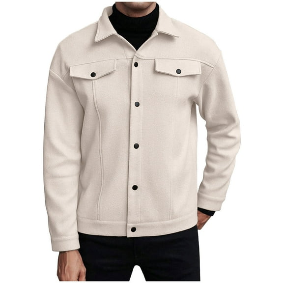 SCSAlgin Men's Solid Color Flap Pocket Single Breasted Woolen Blend Coat Turn Down Collar Long Sleeve Jacket