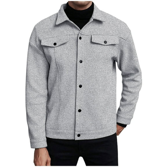 SCSAlgin Men's Solid Color Flap Pocket Single Breasted Woolen Blend Coat Turn Down Collar Long Sleeve Jacket