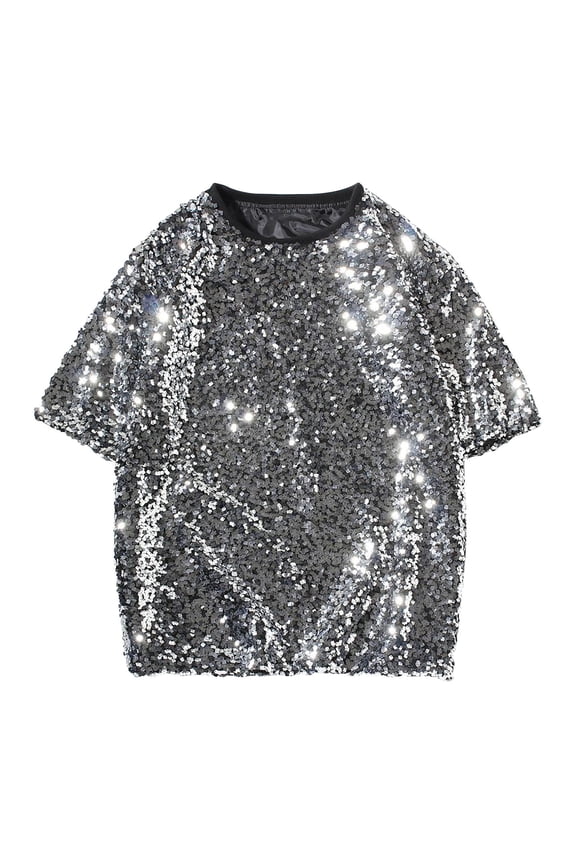 Men's Sparkly Sequin Shirt Crew Neck Short Sleeve Shiny Tee Tops Nightclub Glitter T- Shirts