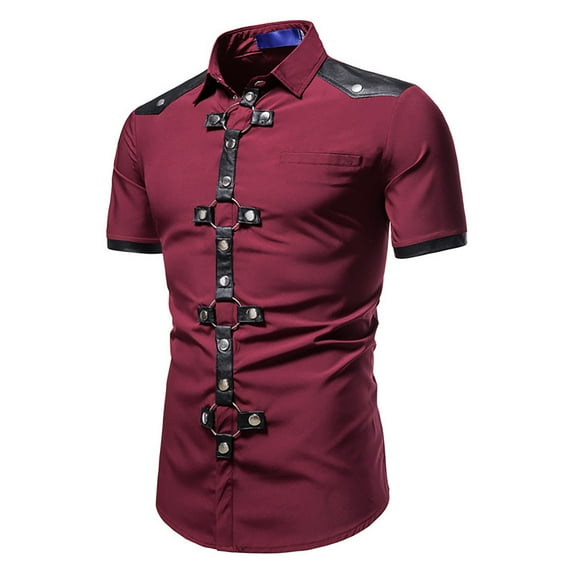 SCSAlgin Men's Steam Punk Shirts Novelty Button Up Tops Short Sleeve Gothic T Shirt Fashion Goth Blouses Ring Rivet Tshirts