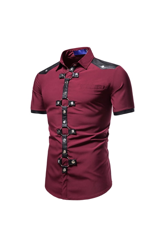 Men's Steam Punk Shirts Novelty Button Up Tops Short Sleeve Gothic T Shirt Fashion Goth Blouses Ring Rivet Tshirts