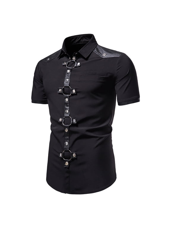 Men's Steam Punk Shirts Novelty Button Up Tops Short Sleeve Gothic T Shirt Fashion Goth Blouses Ring Rivet Tshirts