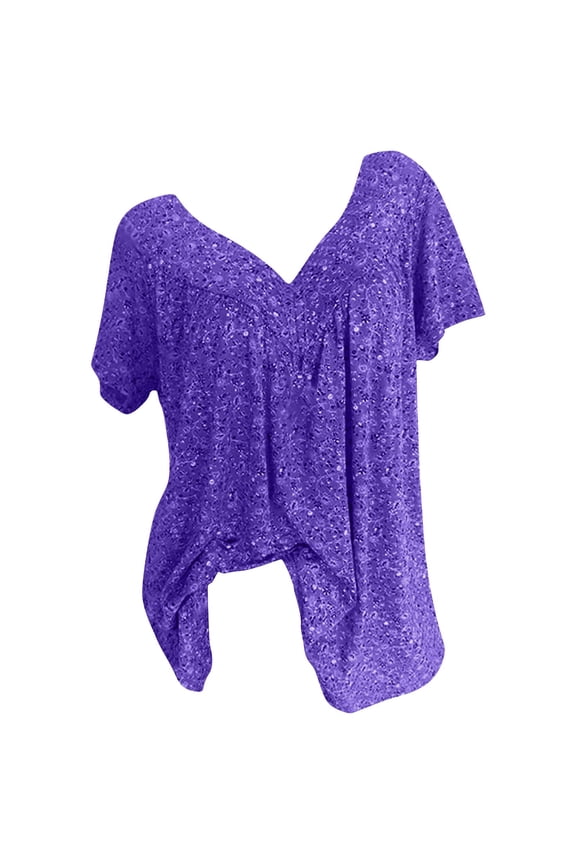 Plus Size Sequin Tops for Women Sparkly Blouses Dressy Casual Loose Fit Sexy Deep V Half Sleeve Shirts