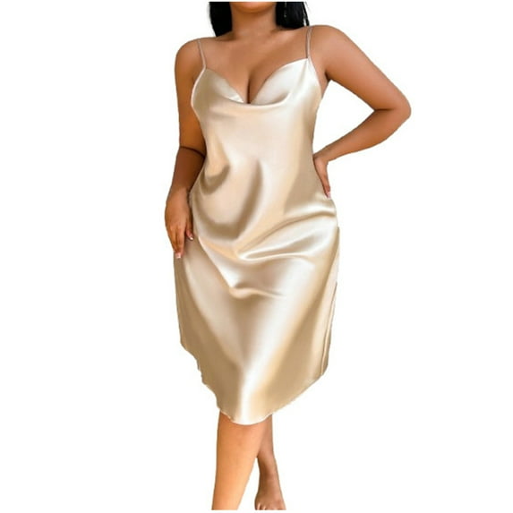 SCSAlgin Plus Size Women Sexy Lingerie Satin Nightgown Silk Chemise Mini Slips V Neck Negligee Sleepwear