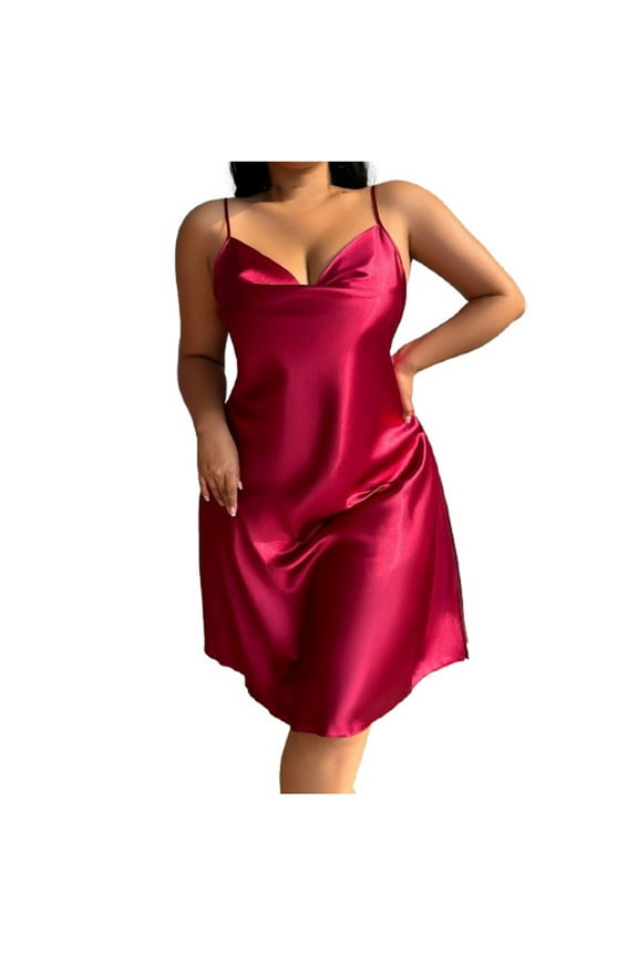 Plus Size Women Sexy Lingerie Satin Nightgown Silk Chemise Mini Slips V Neck Negligee Sleepwear