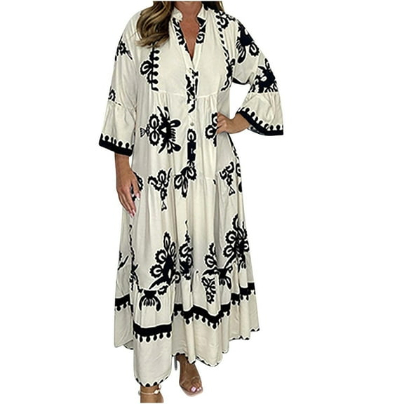 SCSAlgin Plus Size Women's 3/4 Sleeve Deep V-Neck Dress Fashion Printed Pleated Midi Dresses Waist Swing Dress