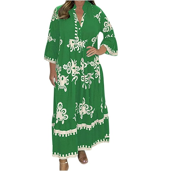 SCSAlgin Plus Size Women's 3/4 Sleeve Deep V-Neck Dress Fashion Printed Pleated Midi Dresses Waist Swing Dress