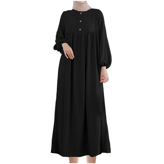 SCSAlgin Plus Size Women's Long Lantern Sleeve Crew Neck Dresses High Waist Wrinkled Flowing Skirts Solid Casual Long Dress
