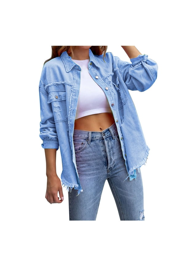 Ripped Fringe Jean Jacket Women Distressed Washed Button Down Frayed Denim Shacket with Pocket