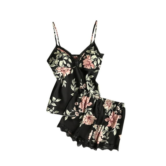 SCSAlgin Satin Pajamas Set for Women 2 Piece Satin Cami Pjs Set with Shorts Sleepwear Nightwear Sexy Lace Trim Boudoir Outfit