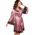 thumbnail image 1 of SCSAlgin Satin Robes for Women Lace Long Sleeve Bathrobe Silk Deep V Kimono Sleepwear Sexy Mid-Length Nightdress, 1 of 4