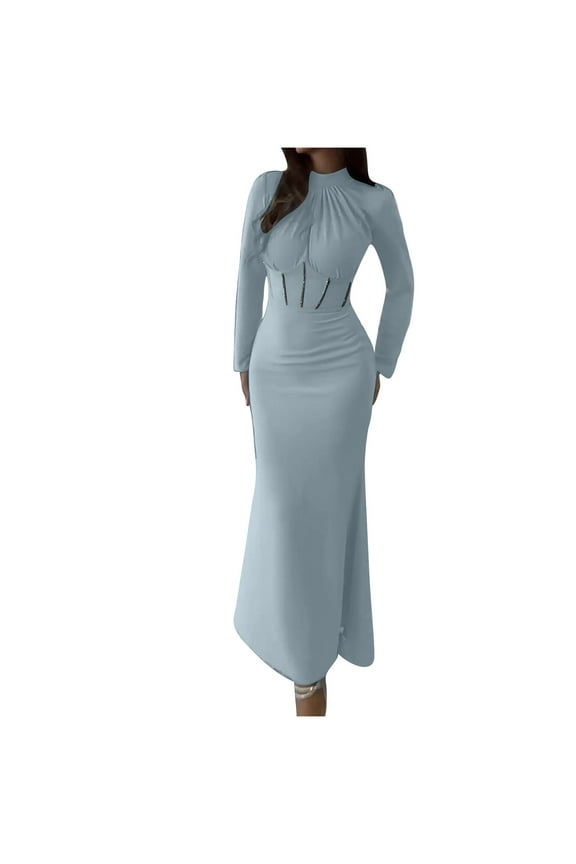 Sexy Formal Dress for Women Ruched Crew Neck Long Sleeve Club Dress Cocktail Bodycon Evening Gown Maxi Long Dresses
