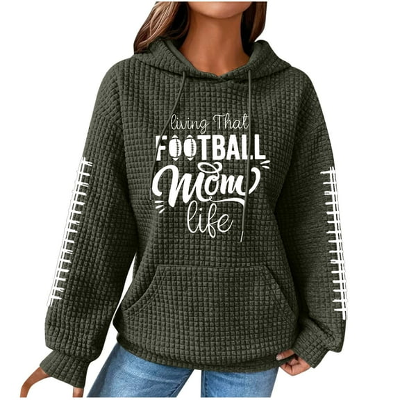 SCSAlgin Sweatshirts For Women Cute Football Graphic Waffle Casual Drawstring Hoodies Loose Long Sleeve Pullover With Pocket
