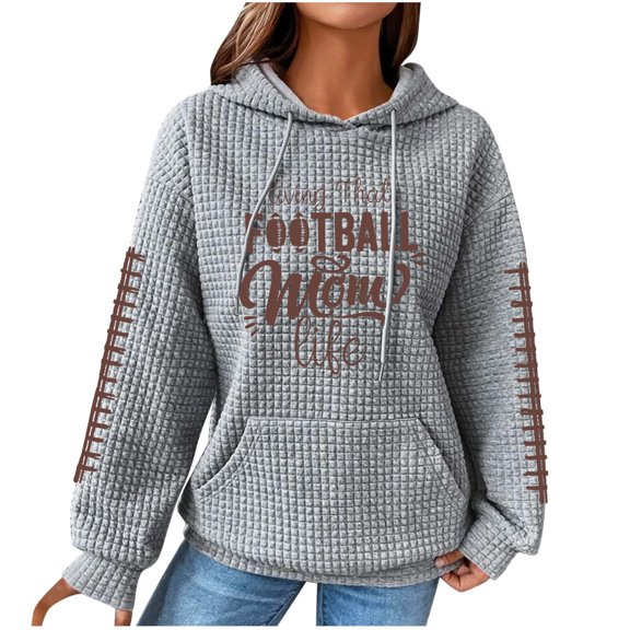 SCSAlgin Sweatshirts For Women Cute Football Graphic Waffle Casual Drawstring Hoodies Loose Long Sleeve Pullover With Pocket