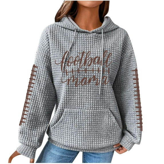 SCSAlgin Sweatshirts For Women Cute Football Graphic Waffle Casual Drawstring Hoodies Loose Long Sleeve Pullover With Pocket
