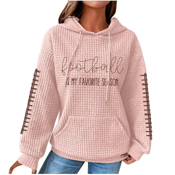 SCSAlgin Sweatshirts For Women Cute Football Graphic Waffle Casual Drawstring Hoodies Loose Long Sleeve Pullover With Pocket