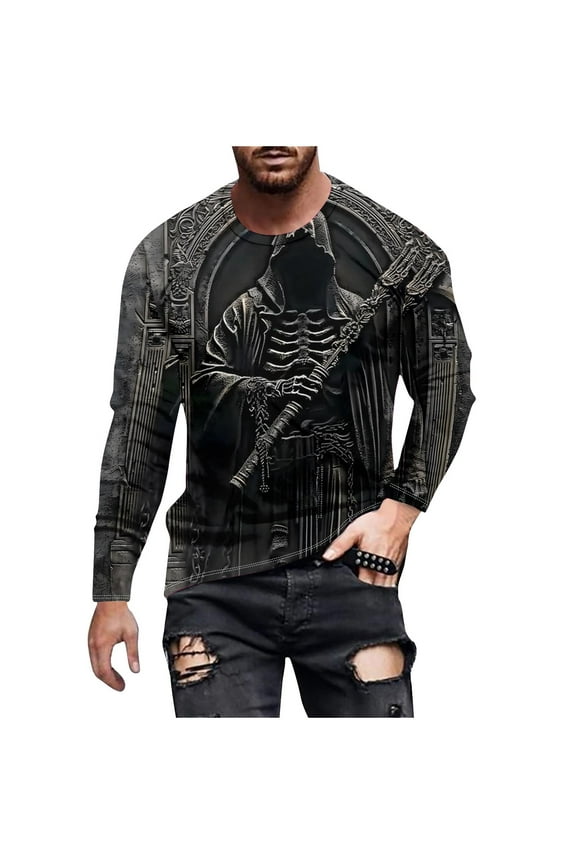 T-Shirts for Men Long Sleeve Funny 3D Graphic Tee Tops Plus Size Grim Reaper Skeleton Gothic Horror T-Shirt