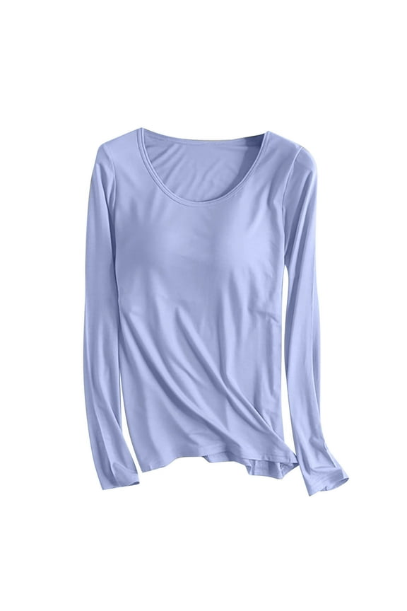 Tshirt with Built in Bra for Women Modal Long Sleeve Underwear Lounge Solid Tops with Bra Pad Plus Size Tops