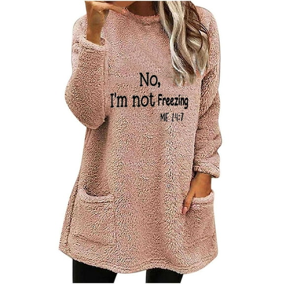 SCSAlgin Winter Women's Round Neck Loose Letter Print Pocket Warm Long Sleeve Blouse Top