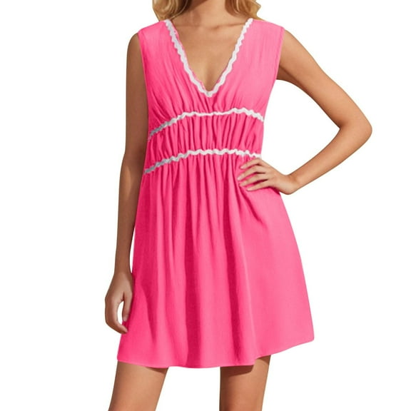 SCSAlgin Women Beach Dress V Neck Swimsuit Coverup Wave Bathing Suit Cover Up Tank Dress