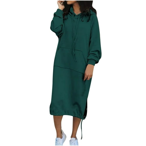 SCSAlgin Women Casual Hoodies Long Sleeve Split Hem Drawstring Hooded Long Maxi Sweatshirt Dress with Pockets 2024 Fall Fashion