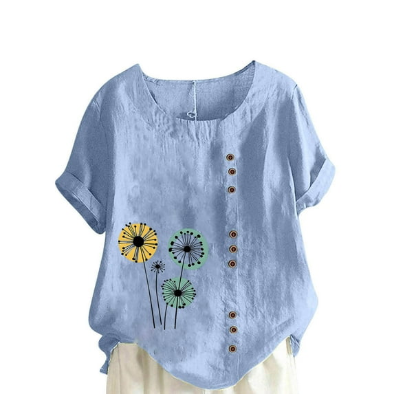 SCSAlgin Women Cotton Linen Crew Neck Short Sleeve Tunic, Tee Shirts Tops Loose Fit, Linen Blouse for Women