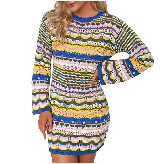 SCSAlgin Women Crochet Knit Mini Dress Long Sleeve Colorful Stripe Mesh Casual Sweater Dress Summer Beach Wear