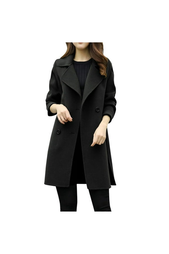 Women Elegant Wool Pea Coat Lapel Collar Double Breasted Mid-Long Winter Overcoats