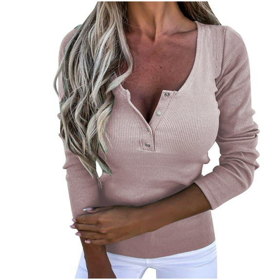 SCSAlgin Women Long Sleeve Shirts Fall Tops V Neck Button Up Slim Fit Ribbed Knit Solid Color Casual Shirts