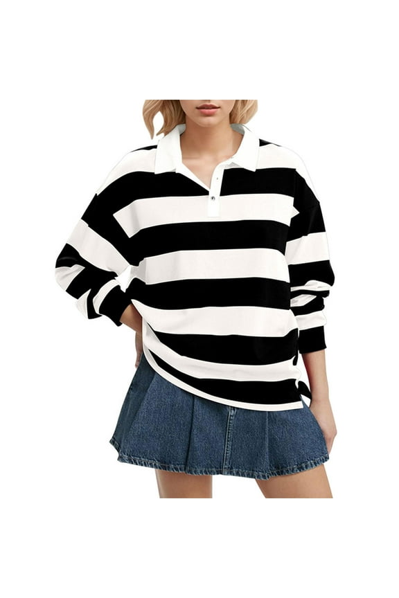 Women Long Sleeve Striped Polo Shirt Oversized Collar Y2k Pullover T Shirt Casual Loose Sweatshirt