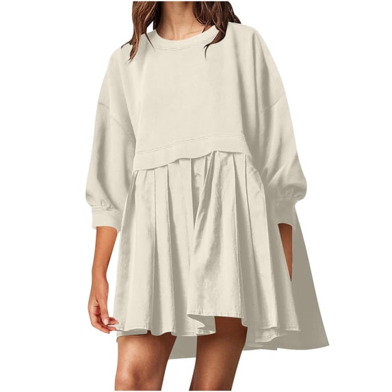SCSAlgin Women Oversized 3/4 Sleeve Sweatshirt Dress Patchwork Crewneck Pullover Loose Flowy Pleated Mini Dress Tops