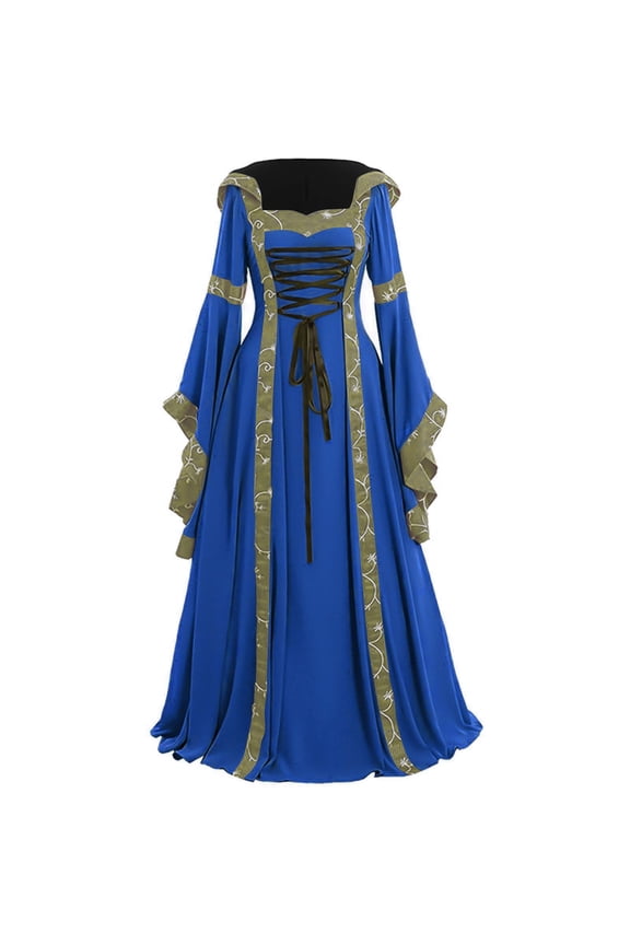 Women Renaissance Medieval Dress Irish Hooded Vintage Gothic Fairy Ball Gown Chemise Lace Up Long Flared Sleeve Dress Party