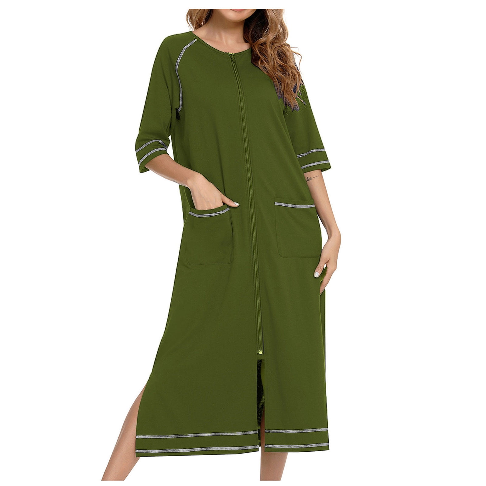 Veseacky Women's Zip Front Robe - 3/4 Sleeve Lounge Dress House Coat With Pockets, Lightweight & Comfy - View #6