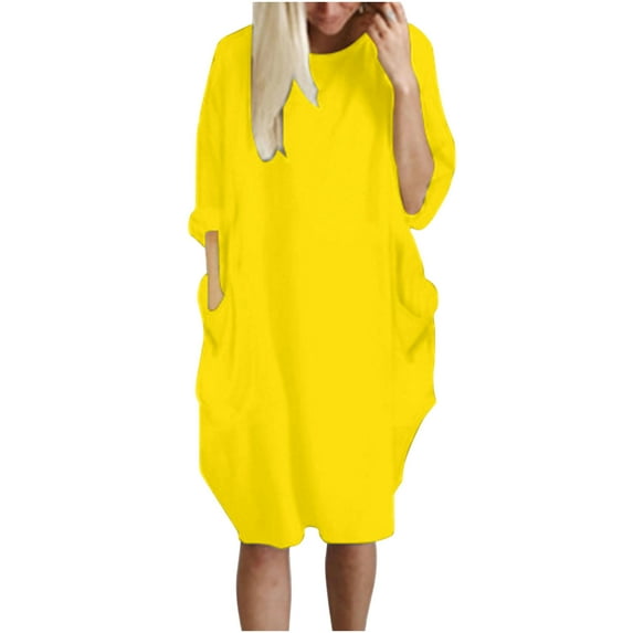SCSAlgin Women Roll Up Long Sleeve Crew Neck Dress Pokets Loose Plain Casual Plus Size Midi Dress Pullover Tops