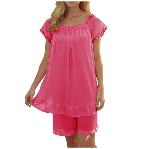 SCSAlgin Women Satin Pajama Set Short Sleeve Lightweight Silk Pajama Set 2 Piece Lounge Sets with Shorts