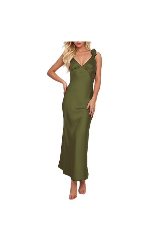 Women Sexy Slip Dress Sleeveless Deep V-Neck Satin Slim Long Dresses Low Cut Elegant High Waist Maxi Dress