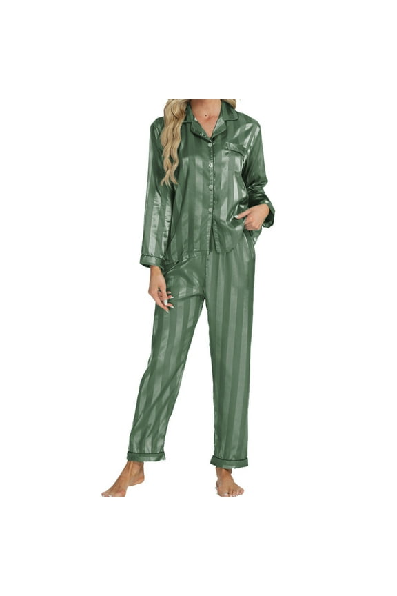 Women Silk Satin Pajamas Set Striped Print Button Down 2 Piece Long Sleeve Shirts Pants Lounge Sets