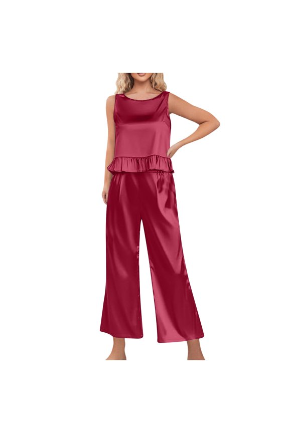 Women Silk Satin Pajamas Sleeveless Pjs Set 2 Piece Summer Loungewear Sleepwear
