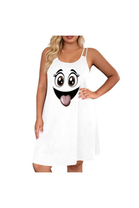 Women Sleeveless Fashion Printed Night Gown Spaghetti Strap Sleep Dress Chemise Sleepwear