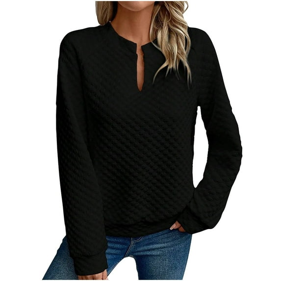 SCSAlgin Women Sweatshirts Lightweight Quilted Pullover Sweaters Casual Solid Long Sleeve V Neck Tunic Tops