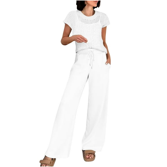 SCSAlgin Women Two Piece Outfits Crochet Sheer Knit Sweater Top Wide Leg Pants Lounge Matching Sets Sweatsuit Travel Clothes