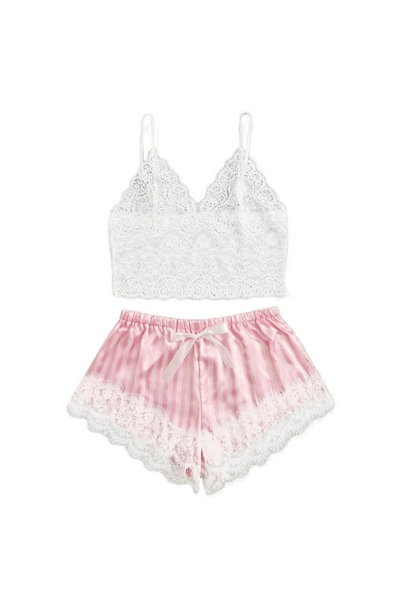 Women V-Neck Lace Bralette Pajamas Sleepwear Striped Satin Shorts Lingerie Set Strapless Bras for Women