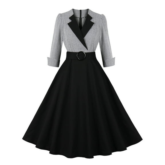 SCSAlgin Women Vintage 1940s Dress Retro 40s 50s Button Business Work A Line Cocktail Dress Bowknot Long Sleeve Formal Dress