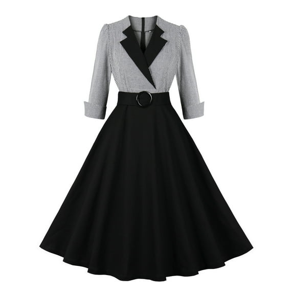 SCSAlgin Women Vintage 1940s Dress Retro 40s 50s Button Business Work A Line Cocktail Dress Bowknot Long Sleeve Formal Dress