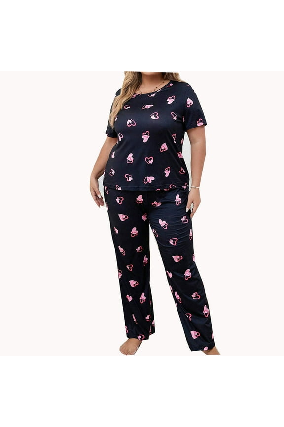 Women's 2 Piece Pajama Set Casual Plus Size Short Sleeve Top And Pants Cute Pajama Lounge Set
