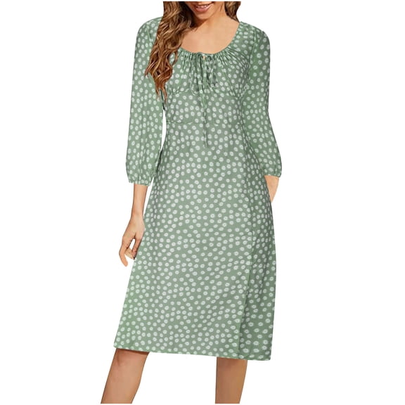 SCSAlgin Women's 3/4 Sleeve Crew Neck Dress Fashion Printed Lace Up Dreses Wrinkled Flowing Midi Dress