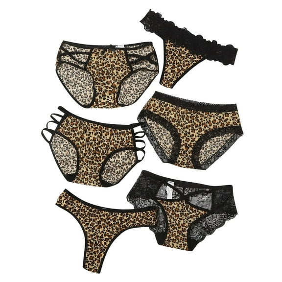 SCSAlgin Women's 6 Packs Sexy Bikini Underwear Leopard Print Lingerie Contrast Lace Thong Panties